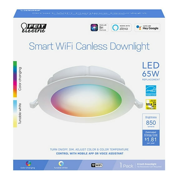 Feit Electric 6" White Tethered J-Box Canless Recessed LED Downlight  Alexa Google