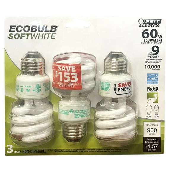 Feit Electric 60 Watt EcoBulb Plus Compact Fluorescent Bulb, 3 Pack