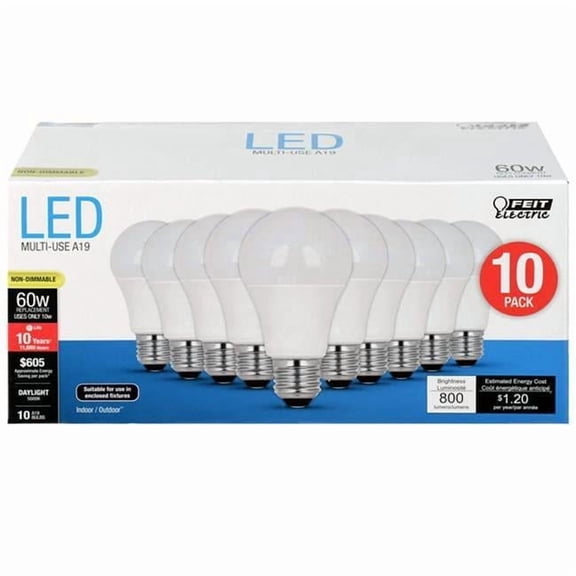 Feit Electric 60 watt Equivalence 10 watt A-Line 800 Lumen A19 LED Bulb, Daylight - Pack of 10