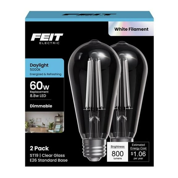 Feit Electric 3019248 60W 800 Lumen ST19 E26 Medium Filament LED Bulb - Daylight Equivalence - Pack of 2