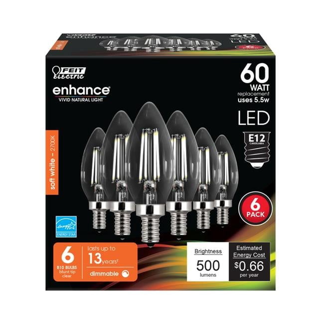 Feit Electric  60W Equivalence Enhance B10 E12 Candelabra LED Bulb, Soft White - Pack of 6