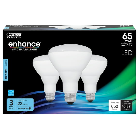 Feit Electric 7.2W (65 Watt Equiv.) Daylight Light Bulbs, BR30, Medium E26 Base, Dimmable (3 Pack)