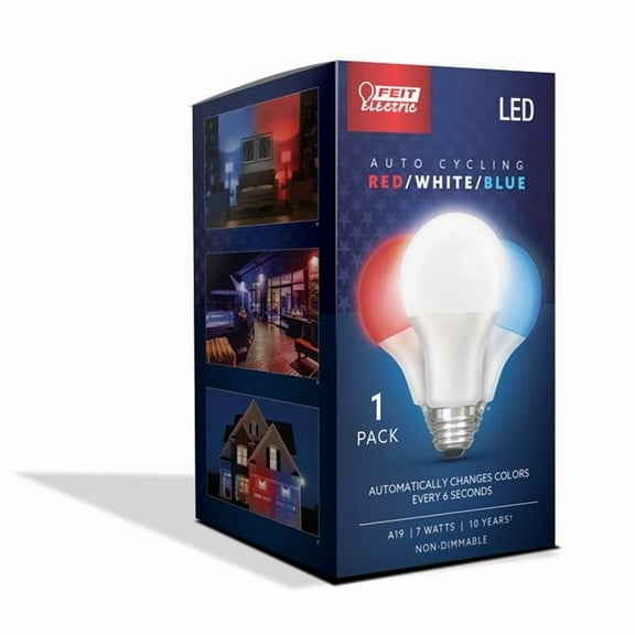 Feit Electric  7 Watt Equivalence A19 E26 Auto Cycling LED Bulb - Blue, Red & White