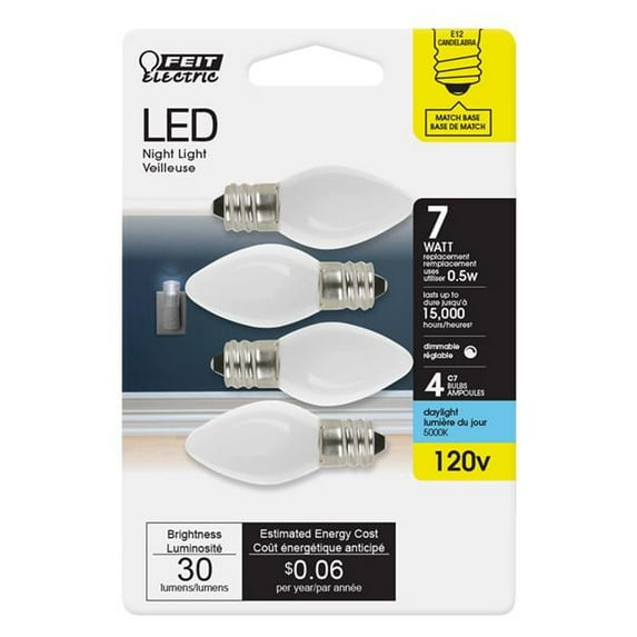 Feit Electric 7 watt Equivalence 0.5 watt 30 Lumen C7 Nightlight LED Bulb, Daylight - Pack of 4