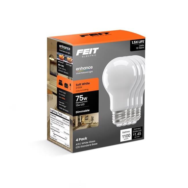 Feit Electric 3018651 75W A19 E26 Medium Equivalence LED Bulb, Soft White - Pack of 4