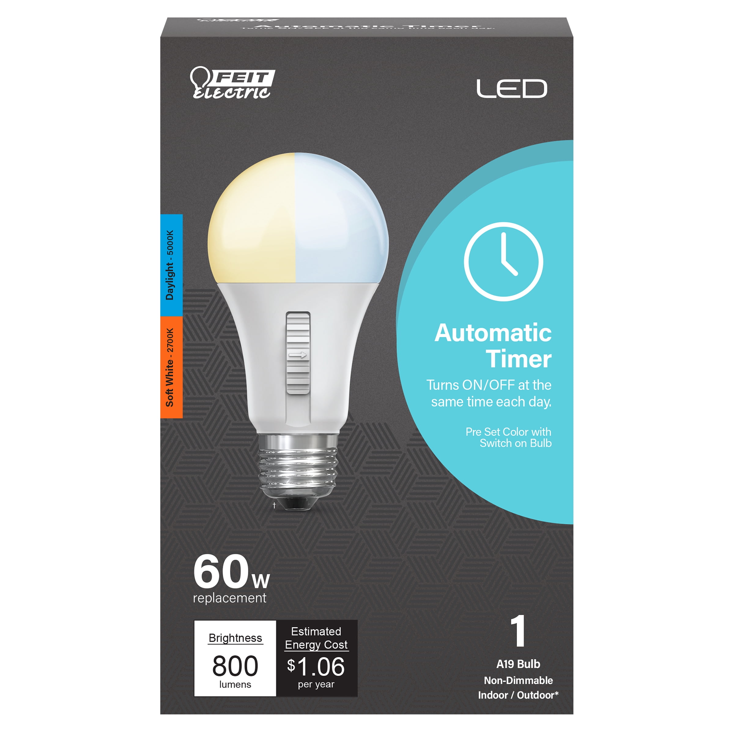 Fuld Pludselig nedstigning desinfektionsmiddel Feit Electric 8.8W (60W Equivalent) Selectable White Timer LED Light Bulb,  A19, Medium (E26) Base - Walmart.com