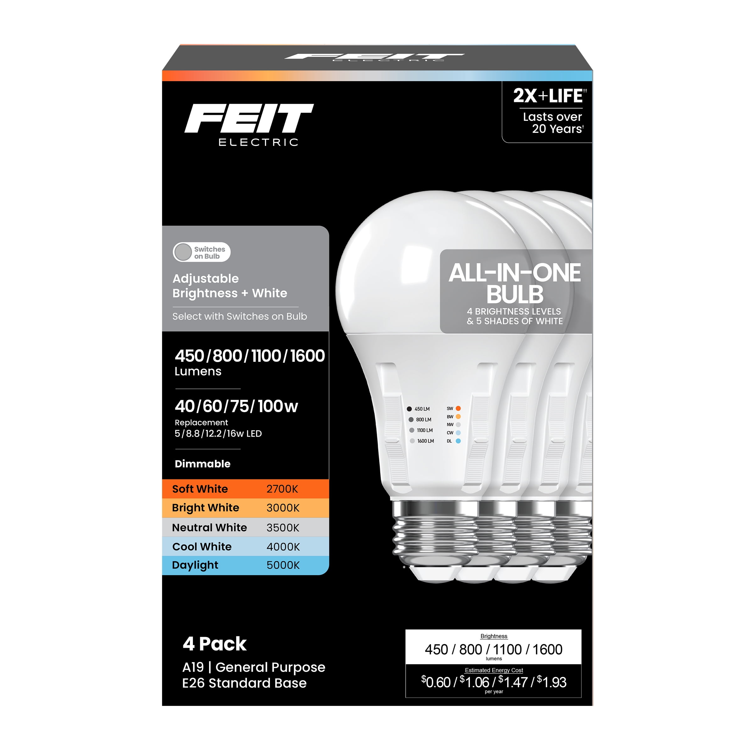 Feit Electric A19 5W, 8.8W, 12.2W, 16W (40W, 60W, 75W, 100W Replacement) Adjustable Brightness, Adjustable White, Dimmable, All-in-One LED Bulb, 4-Pack