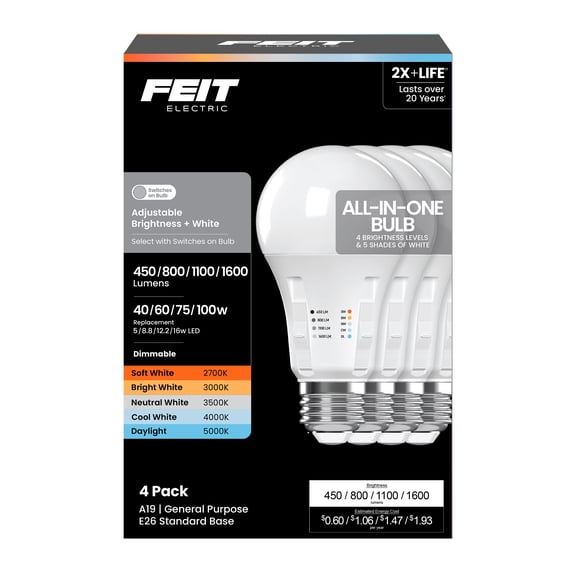 Feit Electric A19 5W, 8.8W, 12.2W, 16W (40W, 60W, 75W, 100W Replacement) Adjustable Brightness, Adjustable White, Dimmable, All-in-One LED Bulb, 4-Pack