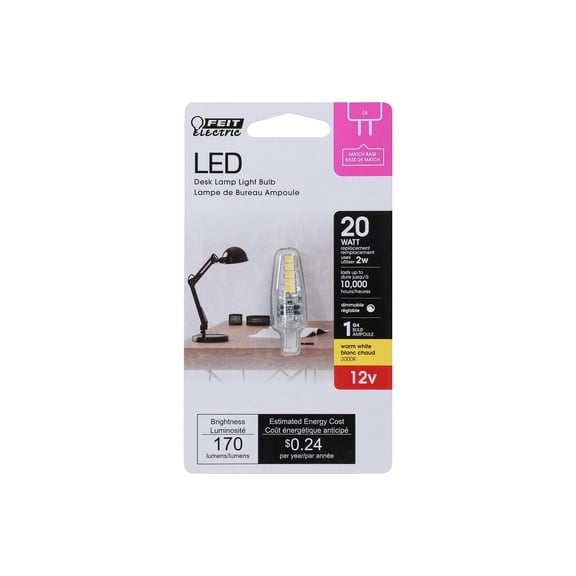 Feit Electric BP20G4/830/LED LED Bulb, Specialty, T3 Lamp, 20 W Equivalent, G4 Lamp Base, Dimmable, Warm White Light Clear