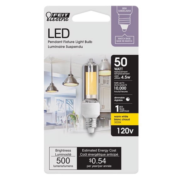 Feit Electric BP50MC/830/LED Dimmable Mini Candelabra LED Bulb, 1 W