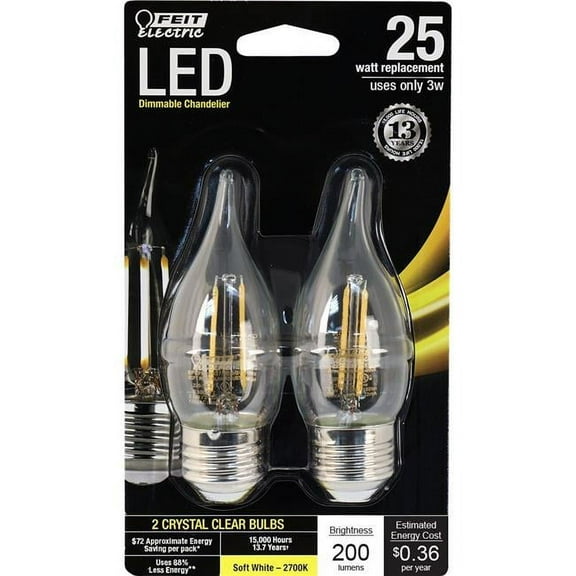 Feit Electric BPEFC25827LED2 25 W LED Dimmable Chandelier Bulb Equivalent Clear   Soft White