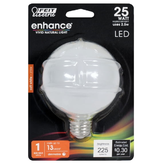Feit Electric BPG2525W927CAFL Enhance Dimmable LED Light Bulb, 2.5 W