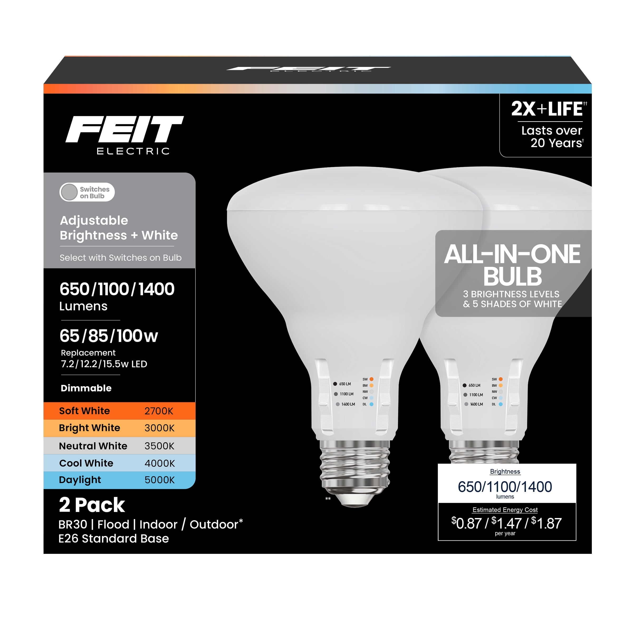 Feit Electric BR30 7.2W, 12.2W, 15.5W (65W, 85W, 100W Replacement) Adjustable Brightness, Adjustable White, Dimmable, All-in-One LED Bulb, 2-Pack