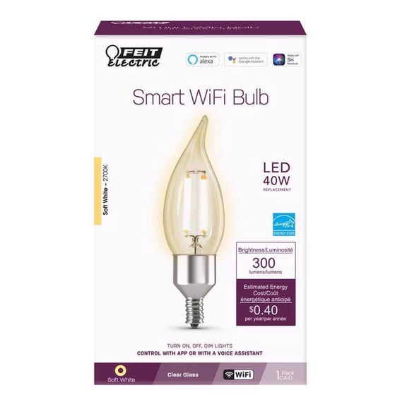 Feit Electric CFC40/927CA/FIL/AG 40 Watt Equivalent WiFi Dimmable, No Hub Required, Alexa or Google Assistant, Flame Tip Filament Chandelier LED Smart Light Bulb, 4.3" H x 1.4" D, 2700K Soft White