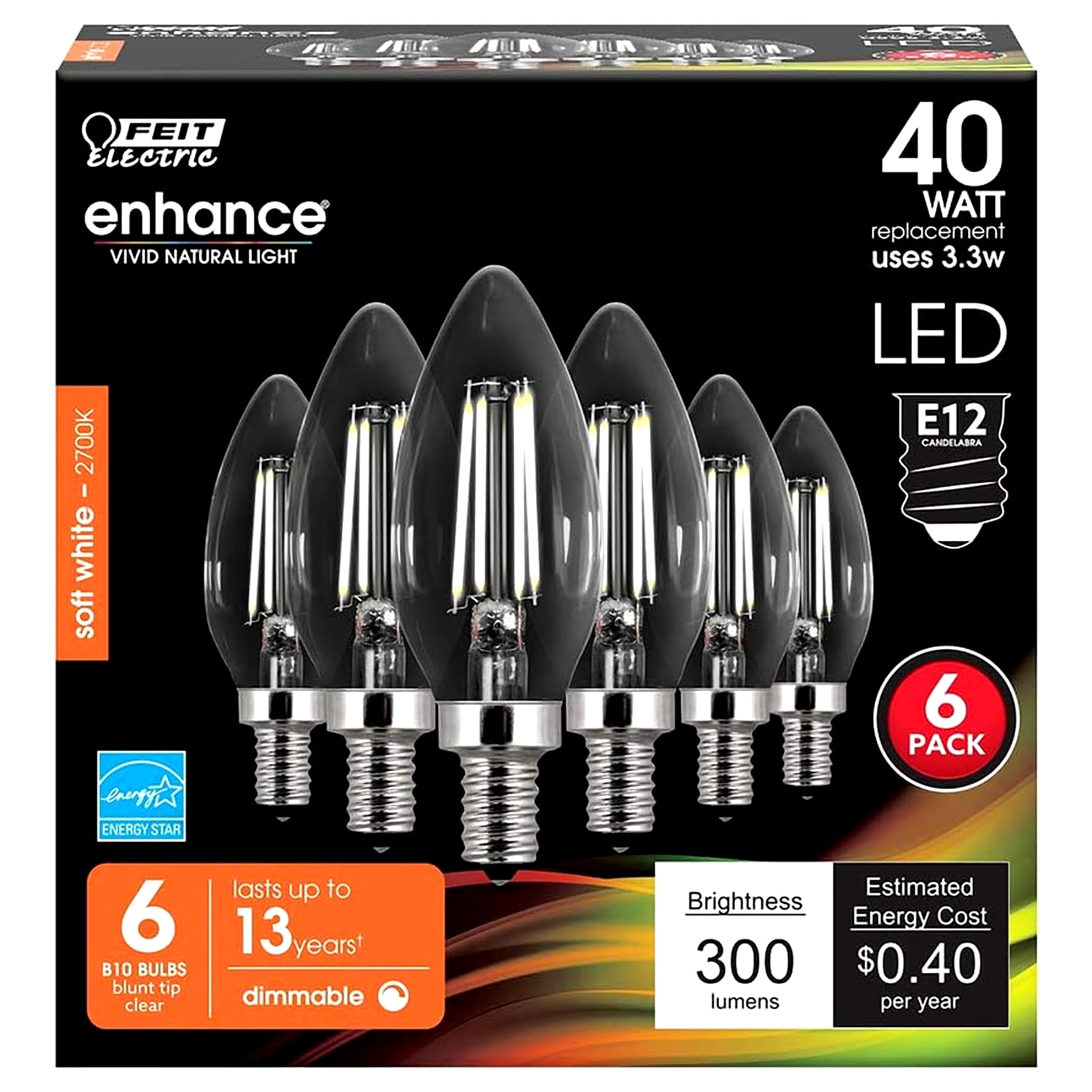 Feit Electric CTC40/927CA/FIL/6 LED Bulb, Decorative, B10 Lamp, 40 W Equivalent, E12 Lamp Base, Dimmable, Clear