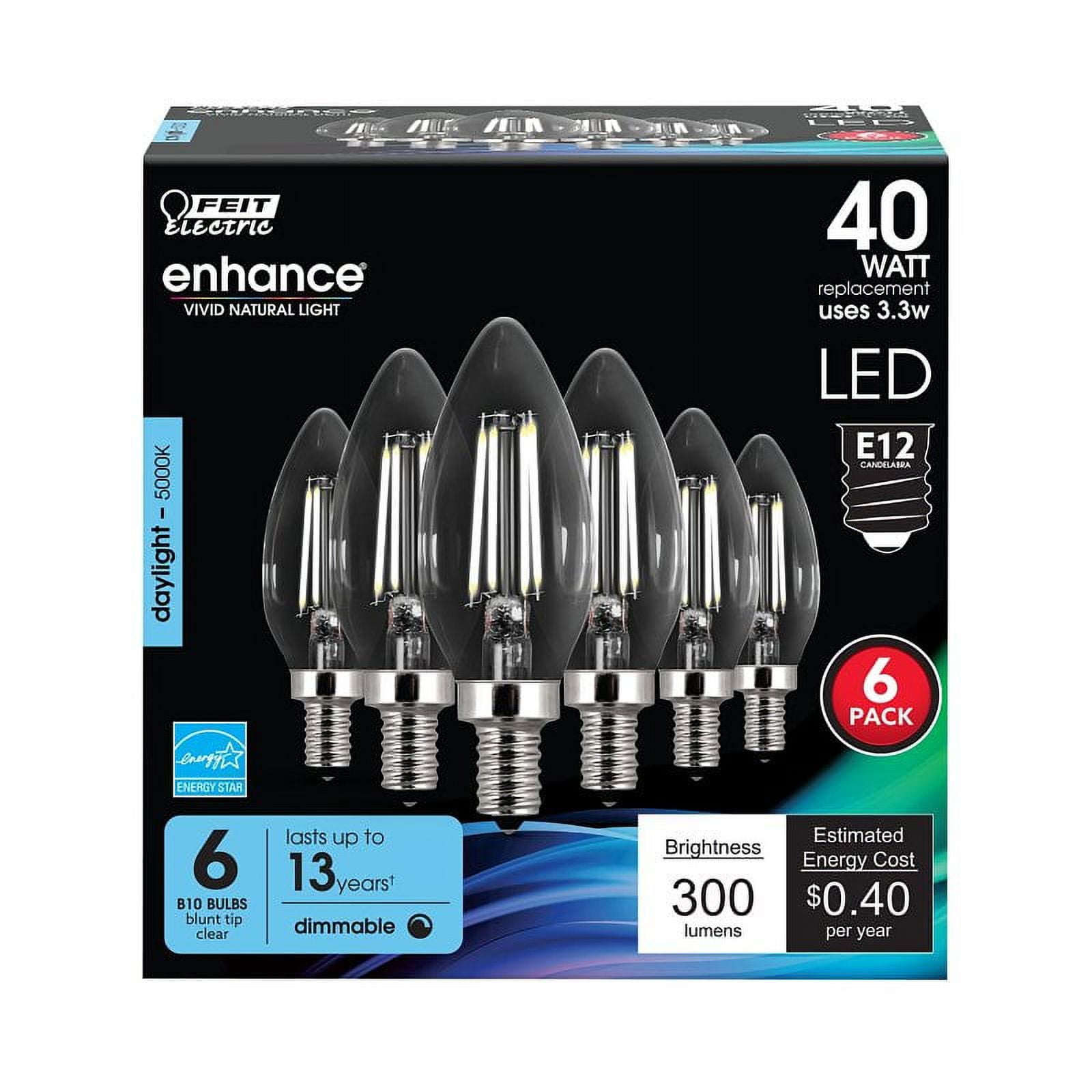 Clear Dimmable LED B10 Candelabra Bulbs, 6-Pack