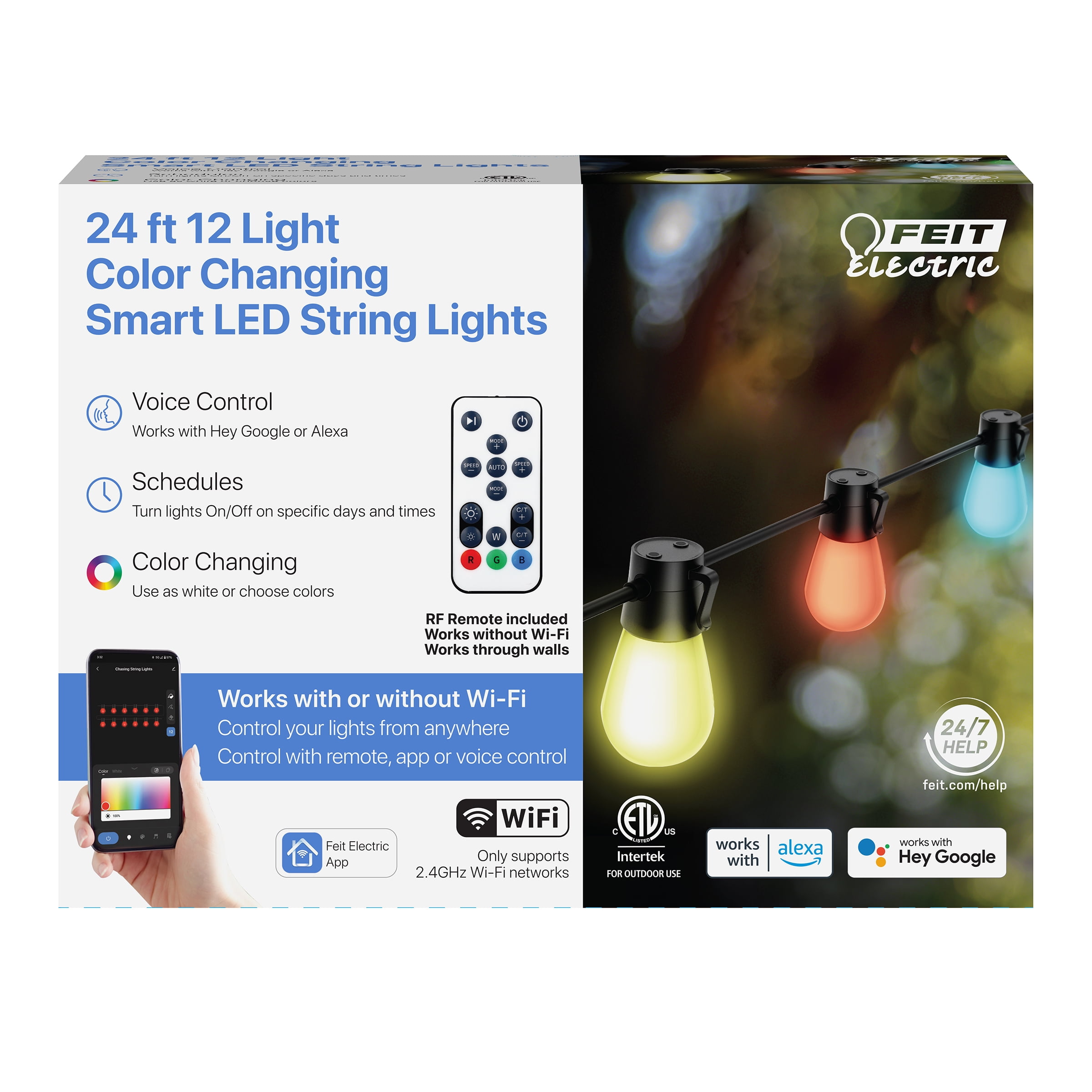 Feit Electric Corded Outdoor 24' Foot 12 Light Color Changing Smart RGB  LED String Light
