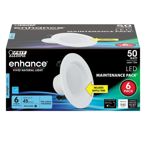 Feit Electric Enhance 4" White Baffle Trim Recessed Lights (6 Pack)  Integrated LED 7.2W (50W Eq)