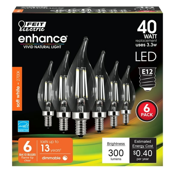 Feit Electric Enhance LED 3.3 Watt (40W Equivalent) Soft White B10 Flame Tip, E12, Dimmable (6 Pack)