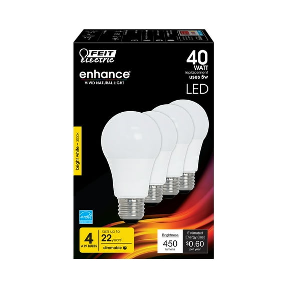 Feit Electric Enhance LED 5 Watt (40W equivalent) Bright White Light Bulbs, A19, E26, Dimmable (4 Pack)