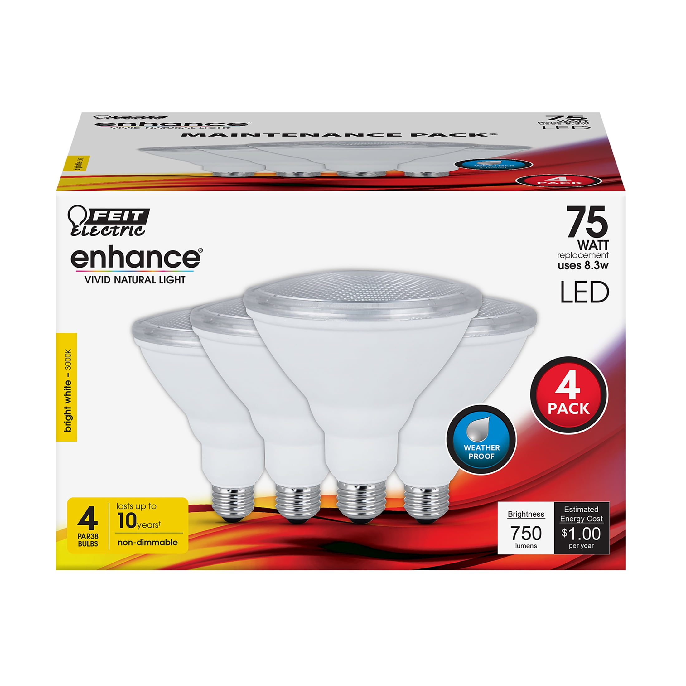 Feit Electric Enhance LED 8.3 Watts (75W Equivalent) Bright White PAR38, E26, Non-Dimmable (4 Pack)