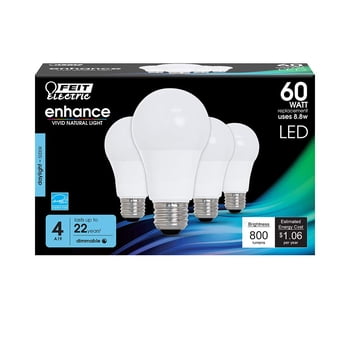 Feit Electric Enhance LED 8.8W (60W Equivalent) Daylight General Purpose Light Bulbs, A19 Bulb Shape, E26 Medium Base, 5000K, Dimmable (4-Piece)