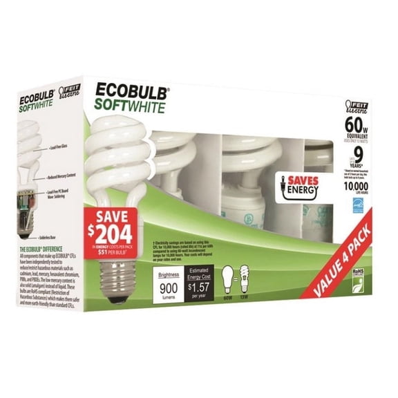 Feit Electric Feit Electric ESL13T/4 Compact Fluorescent Bulbs, 13 Watt, 4/Pack
