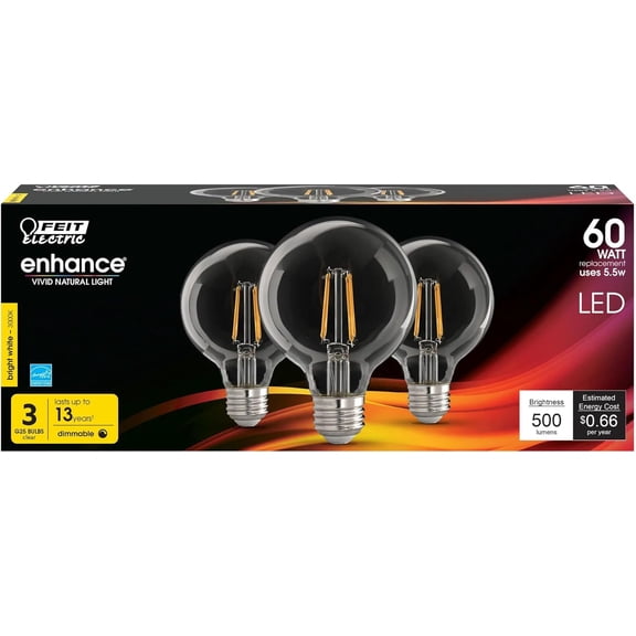 Feit Electric G2560/930CA/FIL/3/RP LED Filament Glass Globe Bulbs, Pack of 3; E26 Base; G25 Shape; 3000K; Dimmable; 90 CRI; Rated at 15000 Hours; 120V; 5.5W; 500 Lumens