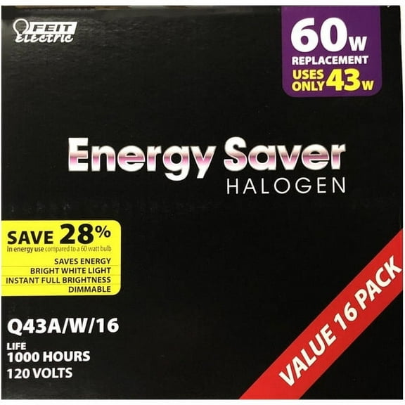 Feit Electric Halogen 43W (60W Equivalent) Bright White Light Bulbs, Mercury Free (16 Pack)