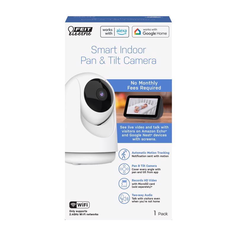 Feit Electric Indoor Security Camera with Motion Detection, 30ft. Night Vision, Pan and Tilt Head, 2.4GHz WiFi, 2-Way Audio, 1080p HD, Works with Alexa & Google Asst, Plug-in, White, CAM/PAN/WiFi/