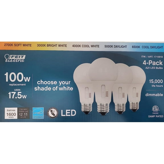 Feit Electric LED 17.5 w Light Bulbs, Dimmable (4 Pack)