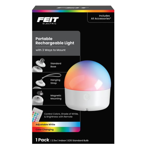 Feit Electric LED 2.5 Watt (60 Watt Equivalent) Color Changing/Tuneable White Battery Powered Light Bulb, A70, E26 Base, Non-Dimmable