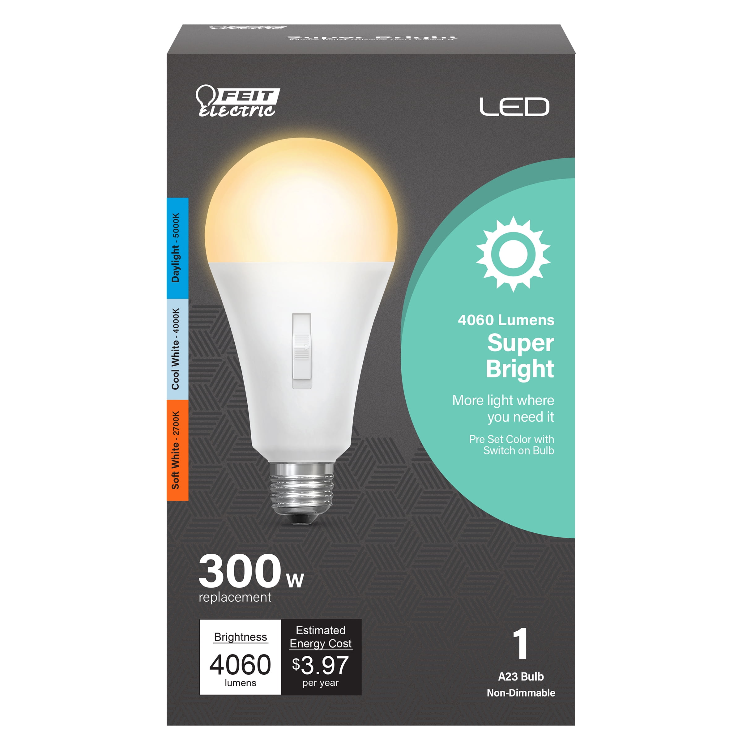Feit Electric LED 33 Watt (300 Watt Eq.) Color Selectable Light Bulb, A23,  Medium Base, Non-Dimmable 
