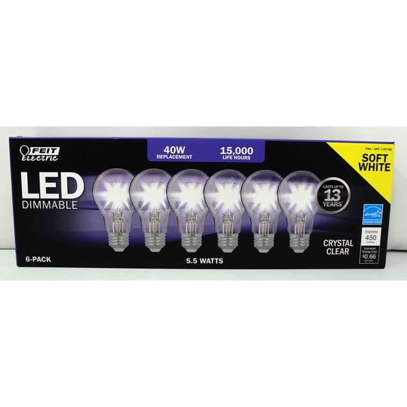 Feit Electric LED Dimmable 40 Watt Replacement Bulbs Crystal Clear 6 Pack