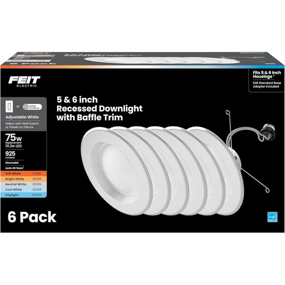 Feit Electric LED Downlight Retrofit Kit with Baffle Trim, 75W Equivalent, 5/6-Inch Dimmable Recessed Light, Adjustable White 2700K5000K, 90+ CRI, for Living, Bathroom, Dining & Kitchen Room