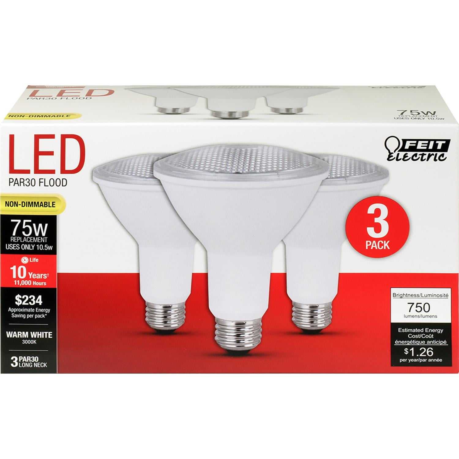 Feit Electric LED PAR30 Long Neck Medium E26 Base Light Bulb - 75W Equivalent - 10 Year Life - 750 Lumen - 3000K Warm White - Non-Dimmable | 3-Pack