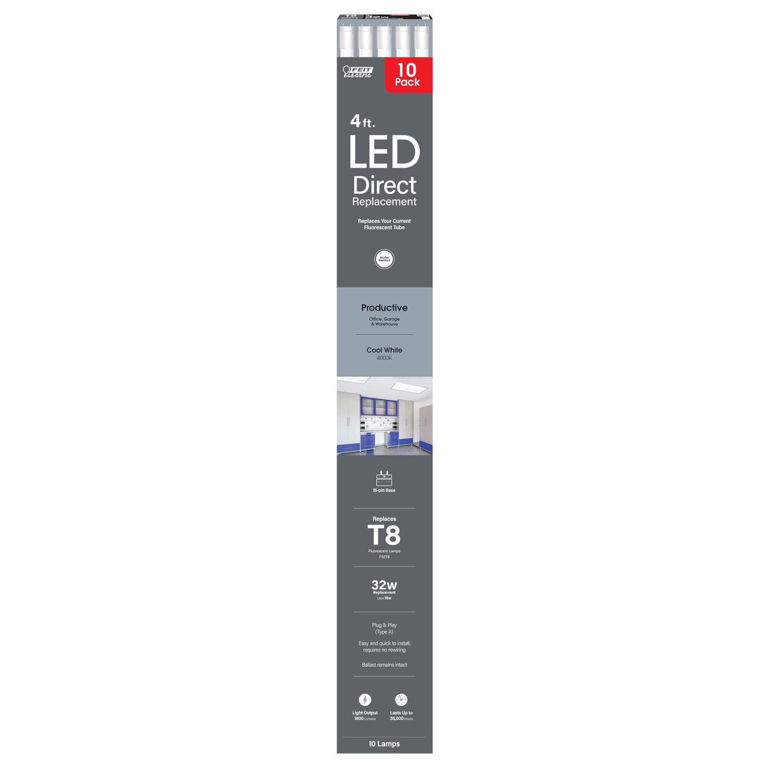 Feit Electric LED18W (48W Equivalent) Cool White Light Bulbs, Easy Plug and Play (10 Pack)