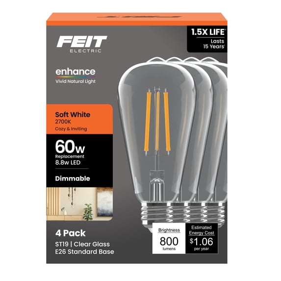 Feit Electric ST19 LED 8.8W (60W Equivalent) Soft White (2700K), Medium E26 Base, Clear Glass Filament, Dimmable Light Bulb 4 Pack