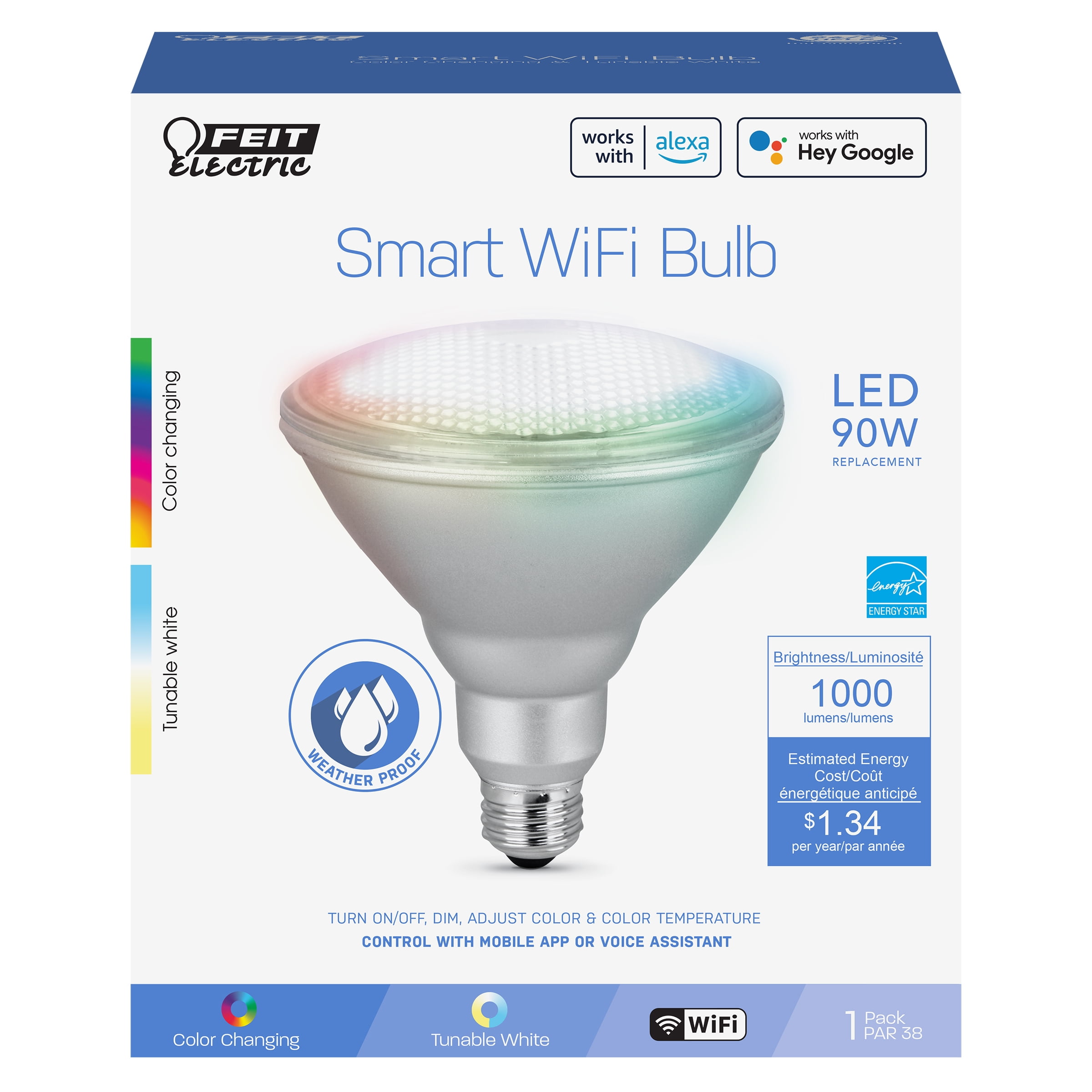 Feit Electric PAR38 E26 Medium LED Smart Bulb Color Changing 90 Watt Equivalence 1 pk Case Of 1