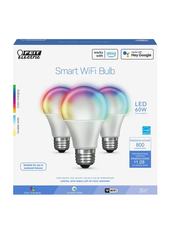 Feit Electric Smart LED 9 Watt (60 Watt Equiv) Color Select White Light Bulb, A19, E26, Dim 3 Pack