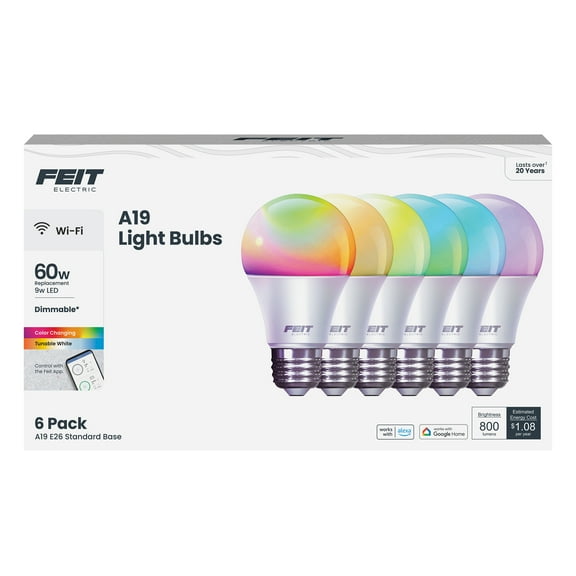 Feit Electric Smart LED 9 Watt (60 Watt Equiv) Color Changing Light Bulb, A19, E26, Dim 6 Pack