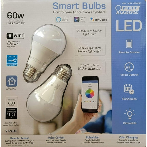 Feit Electric Smart Wi-Fi LED Color Changing Dimmable 60W Light Bulbs White 2 Pack