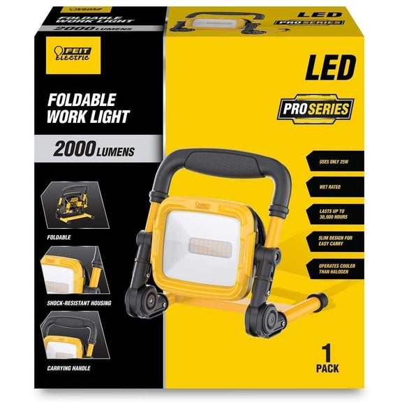 Feit Electric WORK2000XLPLUGFOLD 25W 2000 Lumens ProSeries Ultra Bright Flood Wet Location 5000K Plug-in Portable Foldable LED Work Light, 3.2" L x 8.2" W x 9.1" H, Black/Yellow
