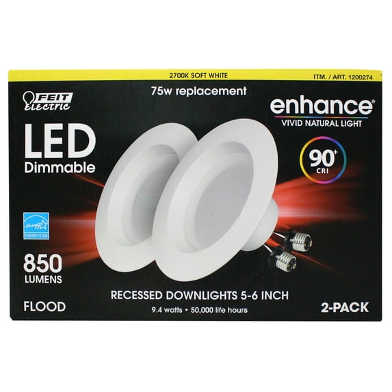 Feit Enhance 90+CRI 75W Replacement Dimmable 2700K, 5" to 6" LED, 2pk - NEW