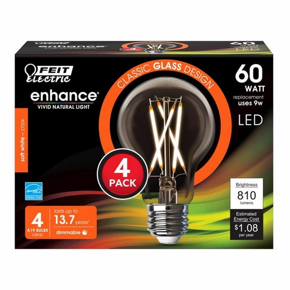 Feit Enhance A19 E26 (Medium) Filament LED Bulb Soft White 60 Watt Equivalence 4 Pack