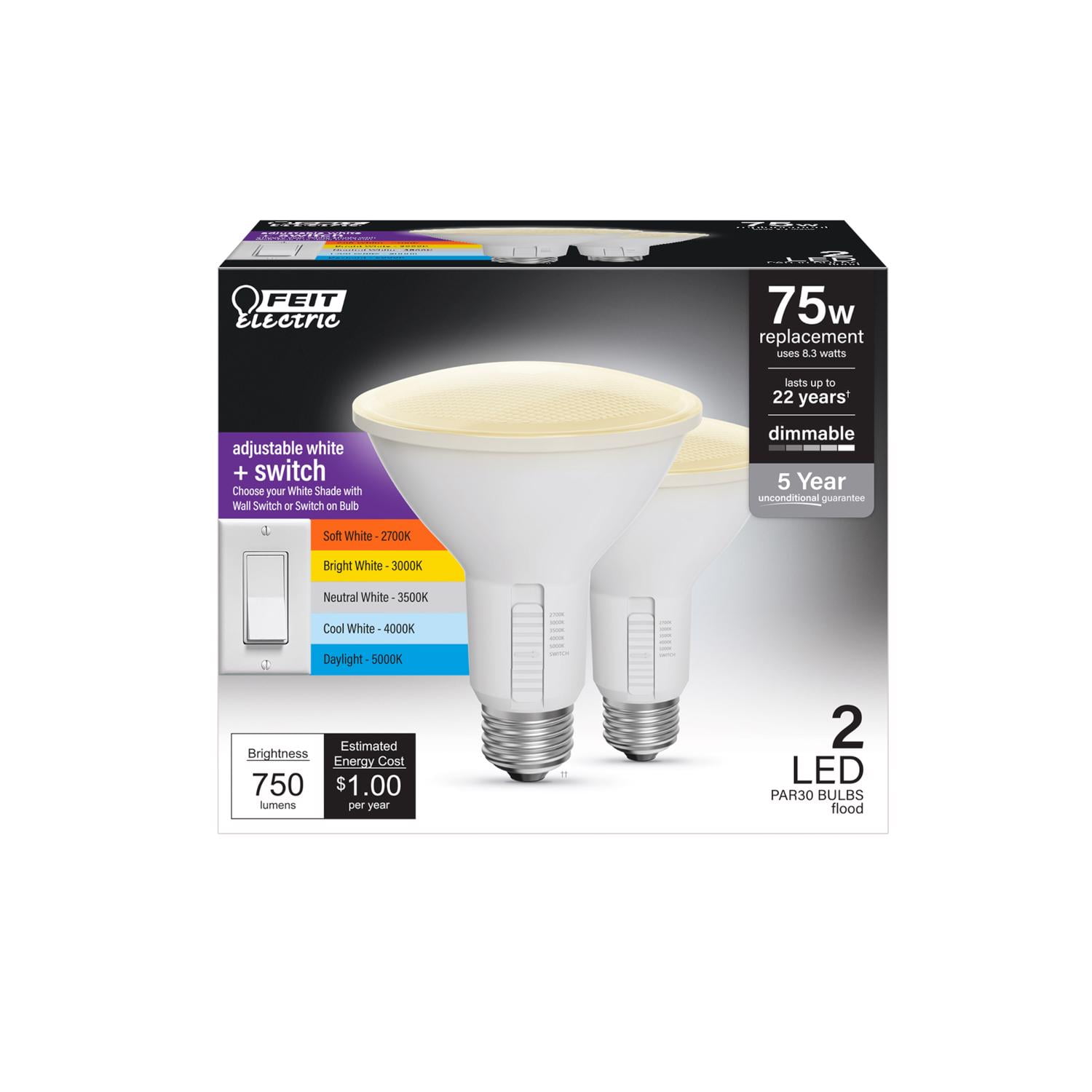 Feit Electric 75W Equivalent Dimmable White LED Bulb 2-Pack