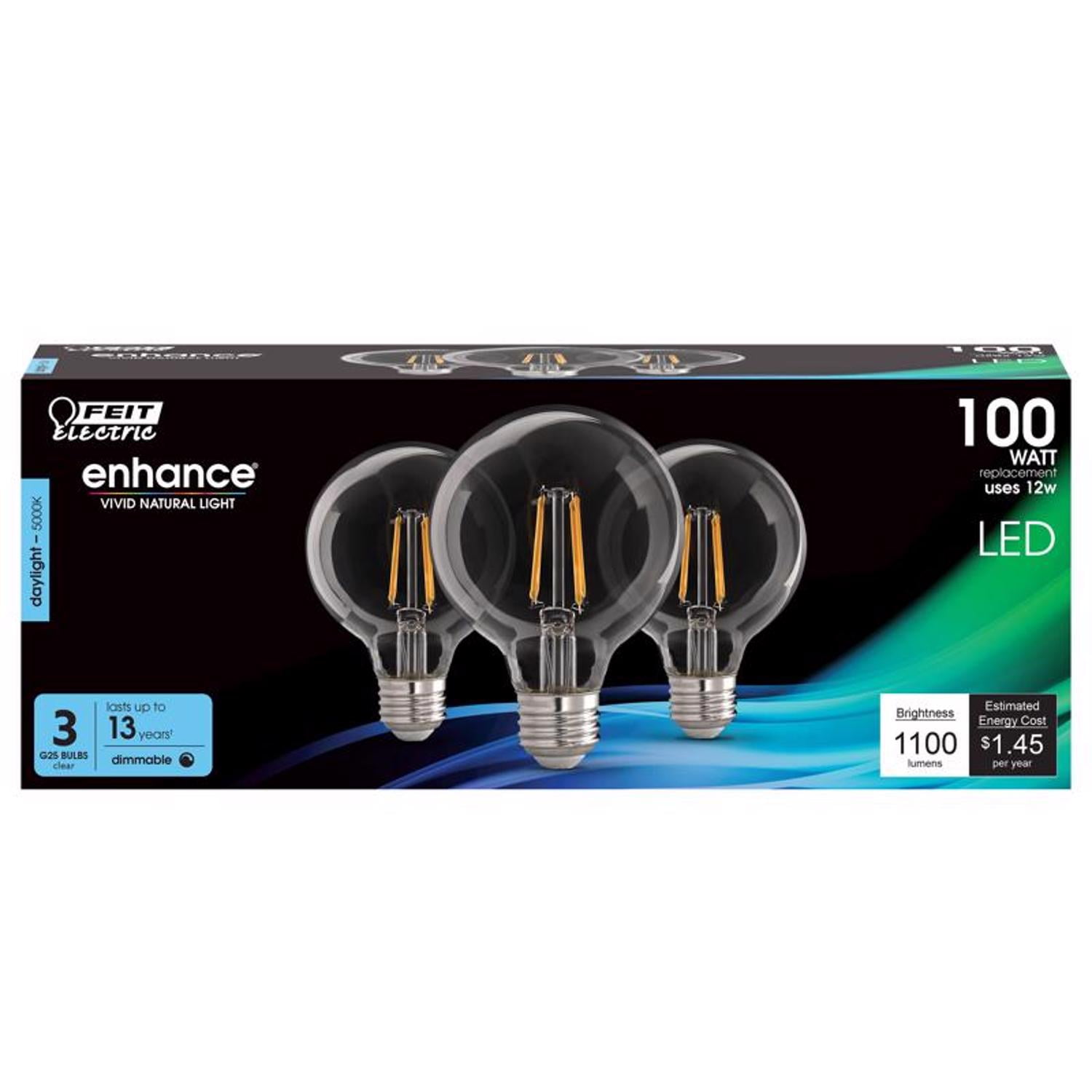 Clear Globe G25 LED Filament Bulb, 100W Equivalent, 3-Pack