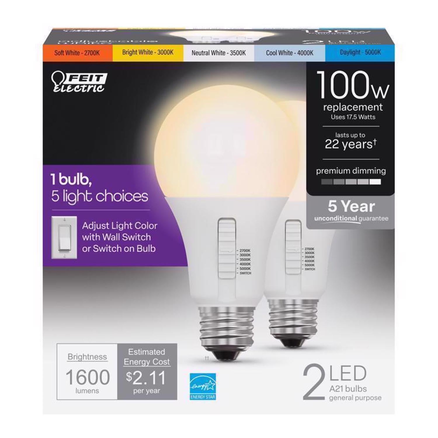 Feit Electric Multi-Color Dimmable LED Bulb 100W Equivalent 2-Pack