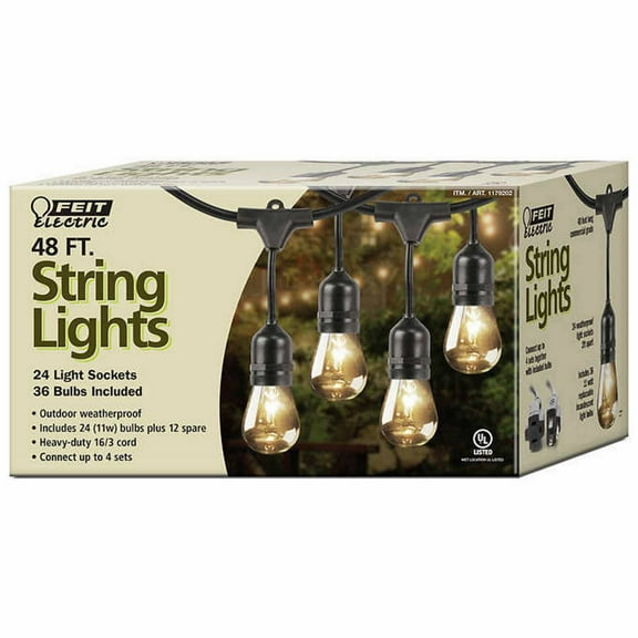 Feit Outdoor Weatherproof String Light Set, Black, 48 ft, 24 Light Sockets