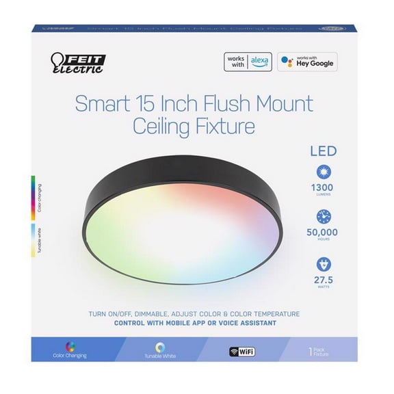 Feit Smart 15 inch Round Smart Fluch Mount Ceiling Light Fixture, Matte Black